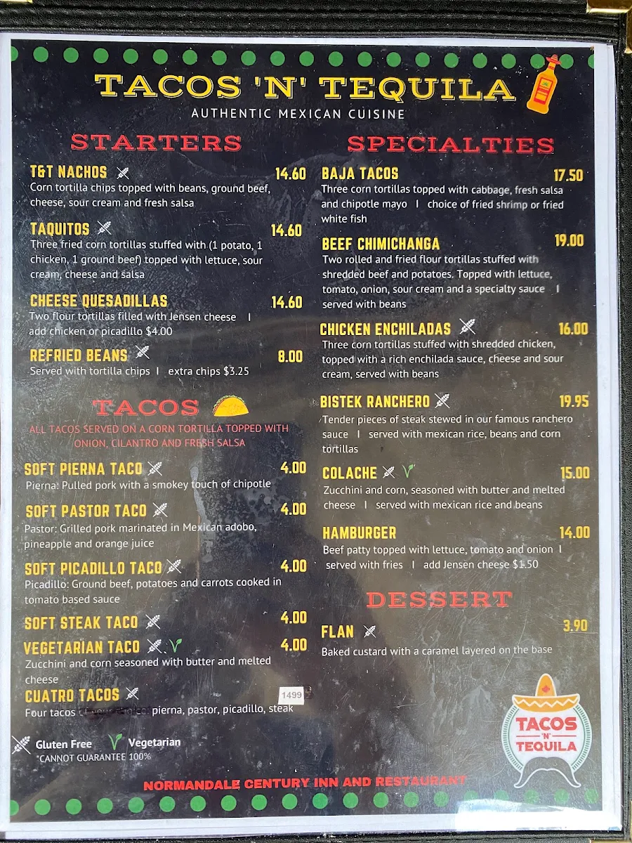 Menu, Restaurant “Tacos And Tequila” at Normandale Century Inn