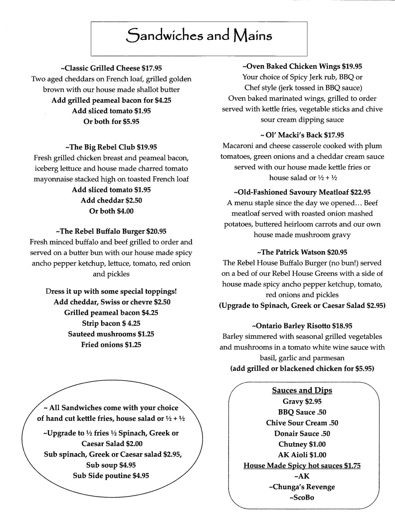 Menu, The Rebel House