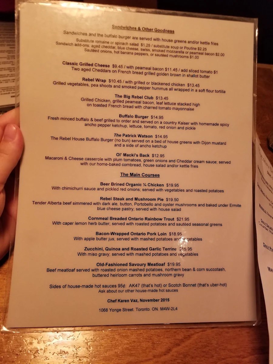Menu, The Rebel House
