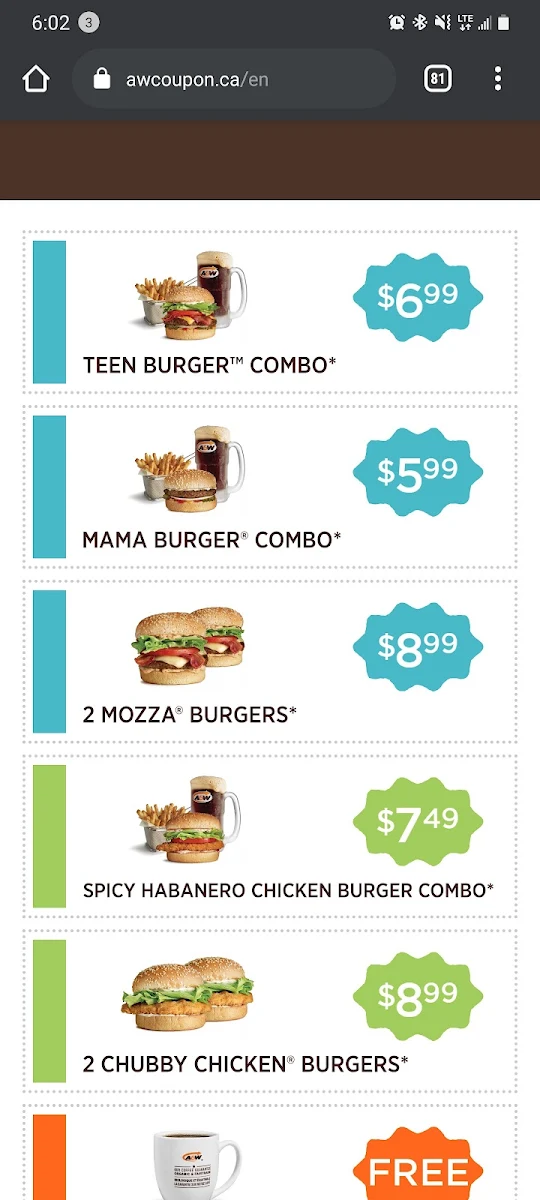 Menu, A&W Canada