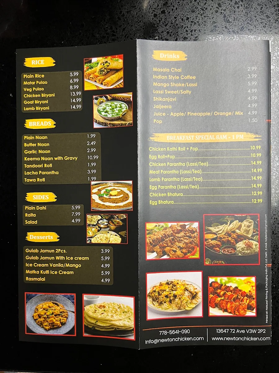 Menu, Newton Chicken Corner