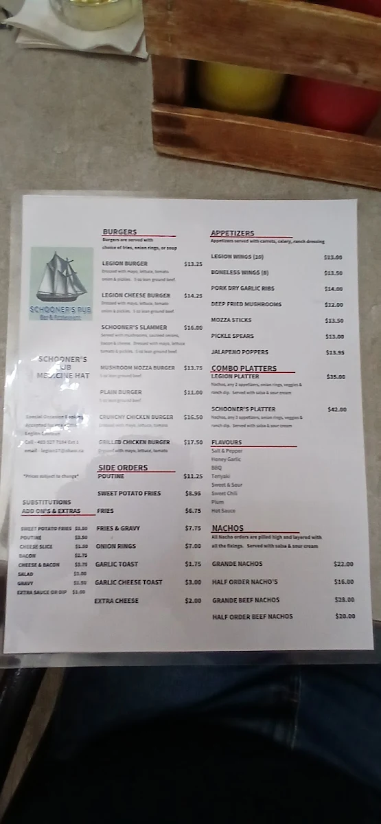 Menu, Schooners Pub