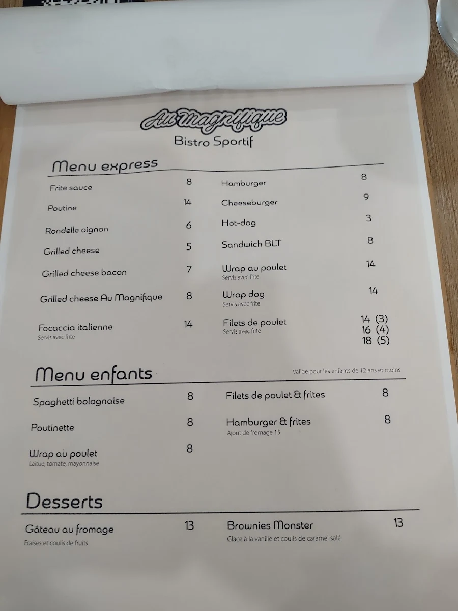 Menu, Salon de Quilles au Magnifique