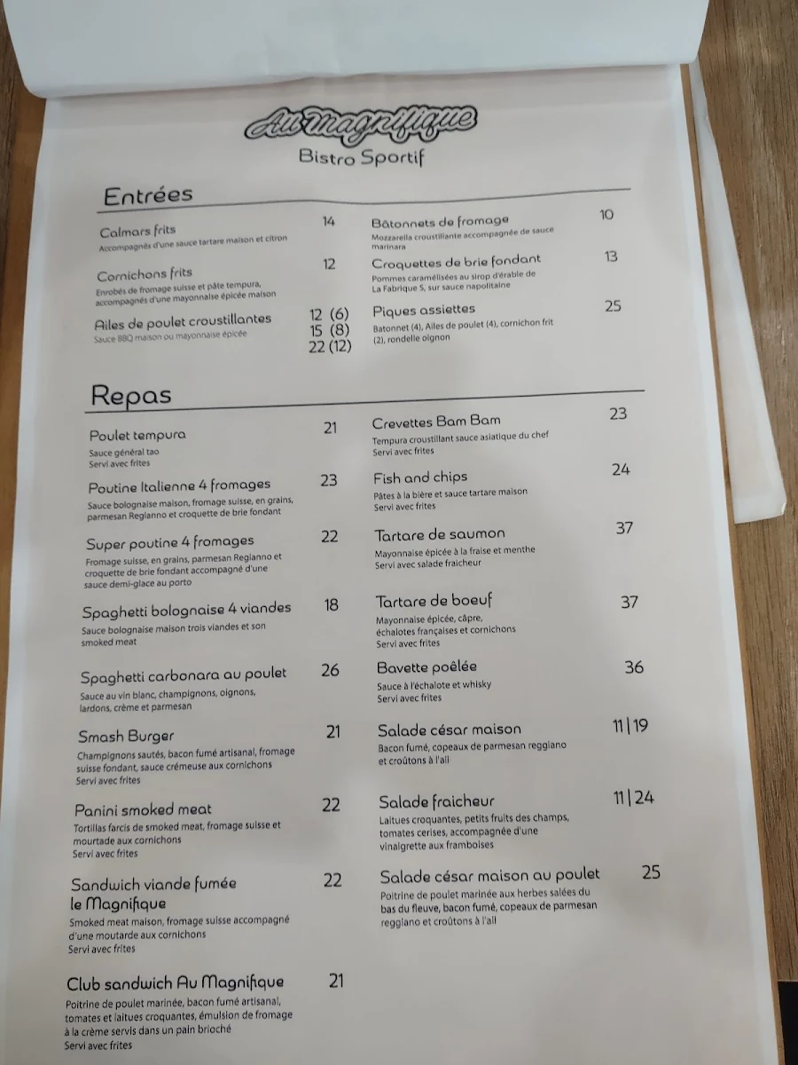Menu, Salon de Quilles au Magnifique