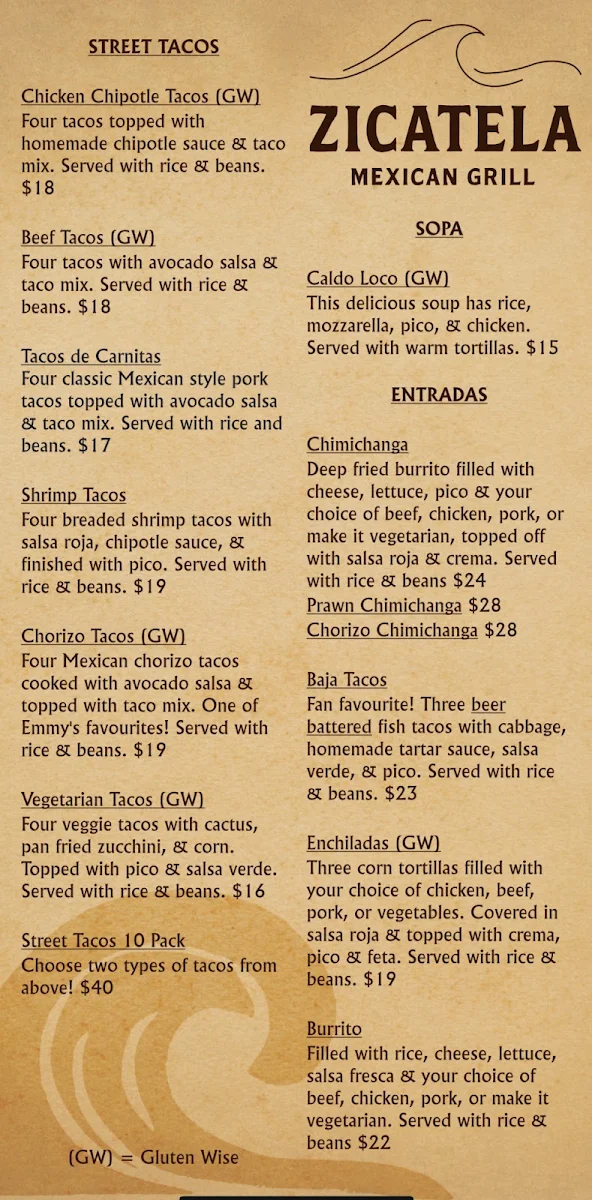 Menu, Zicatela Mexican Restaurant