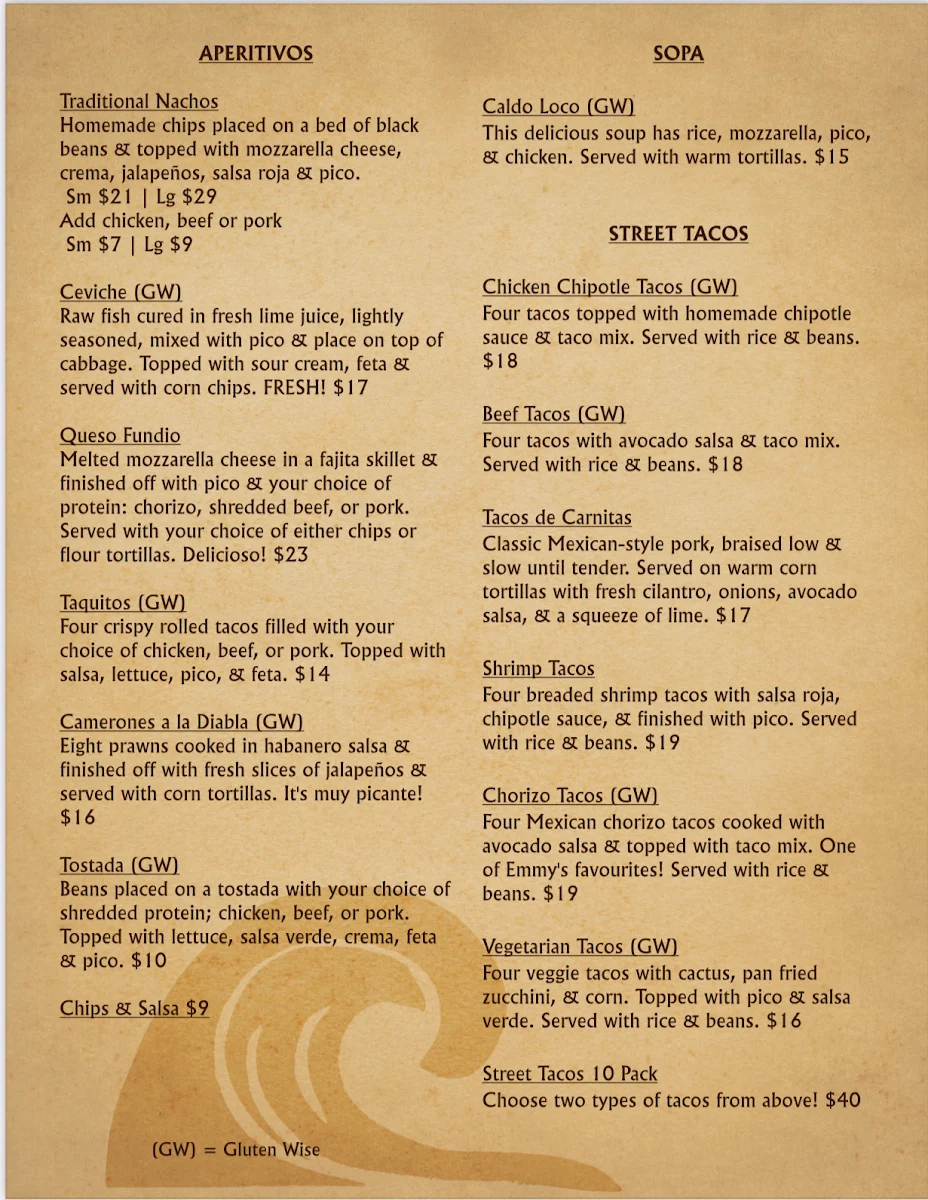 Menu, Zicatela Mexican Restaurant
