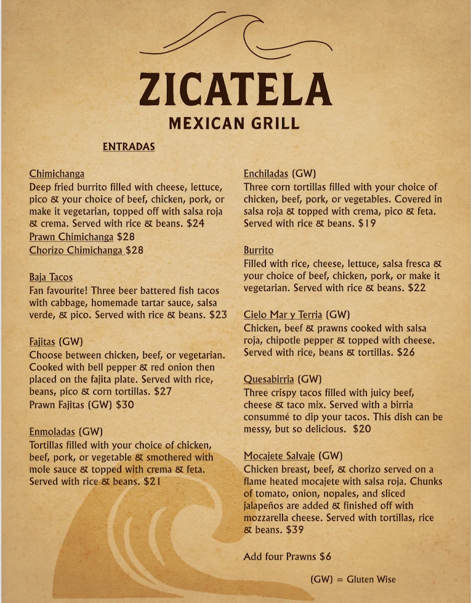 Menu, Zicatela Mexican Restaurant