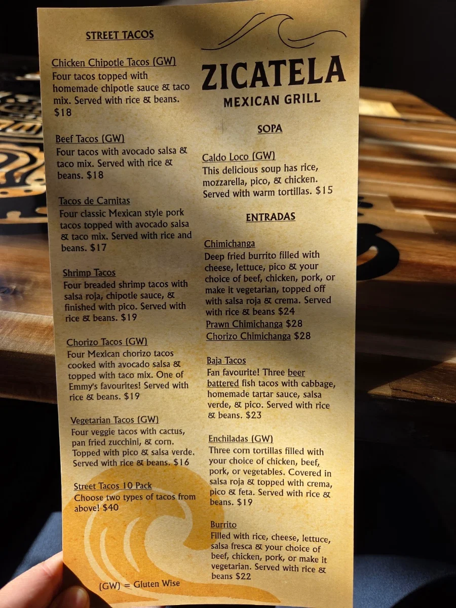 Menu, Zicatela Mexican Restaurant
