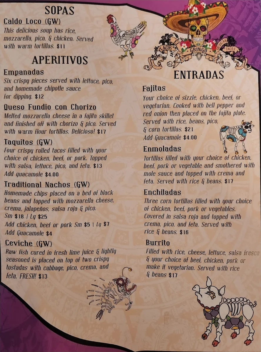 Menu, Zicatela Mexican Restaurant