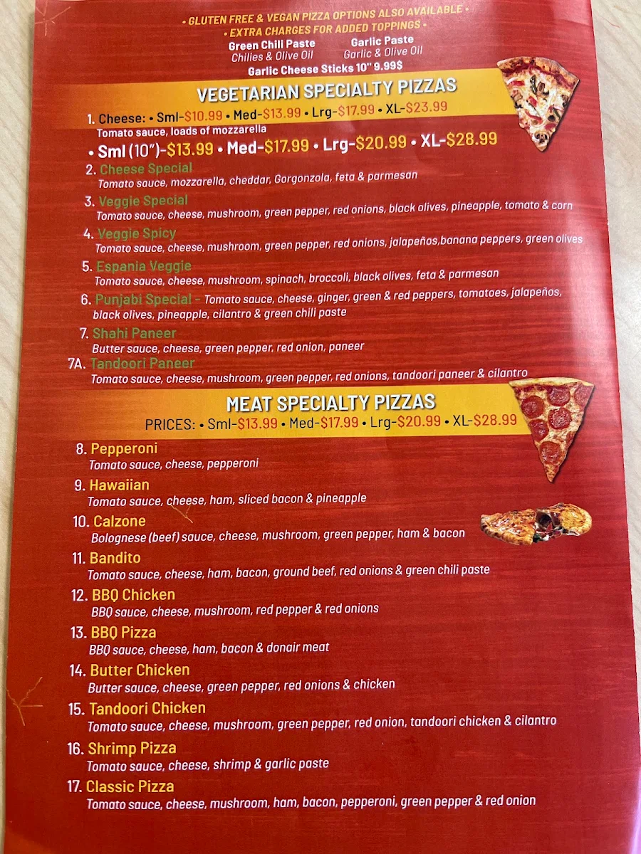 Menu, Espania Pizzeria
