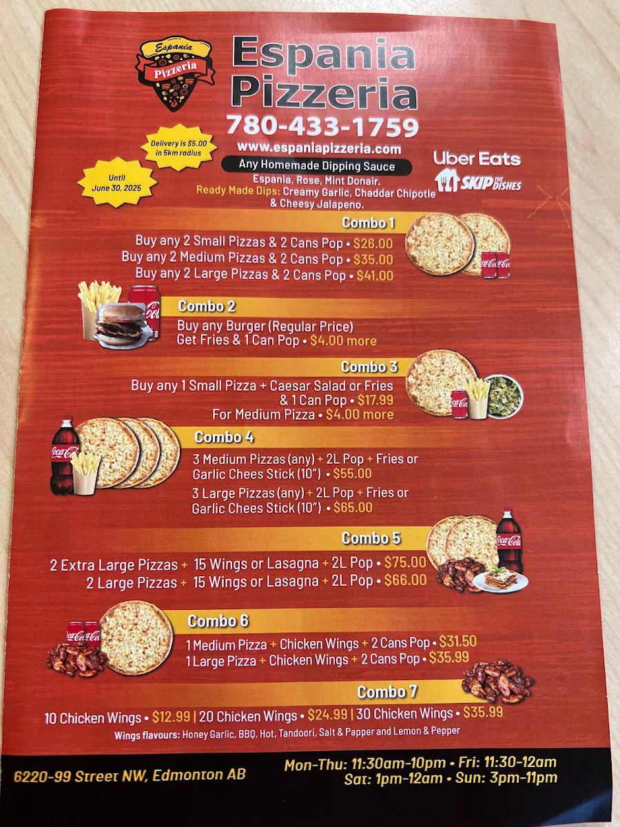 Menu, Espania Pizzeria