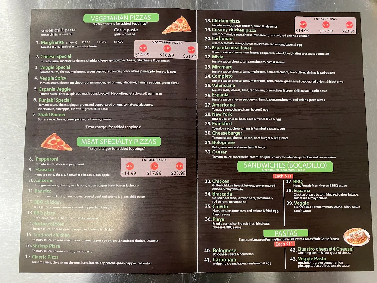 Menu, Espania Pizzeria