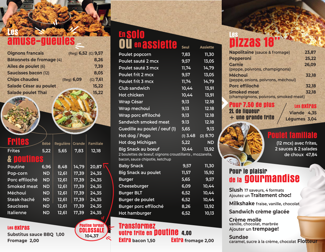 Menu, Snack bar aréna St-Prosper