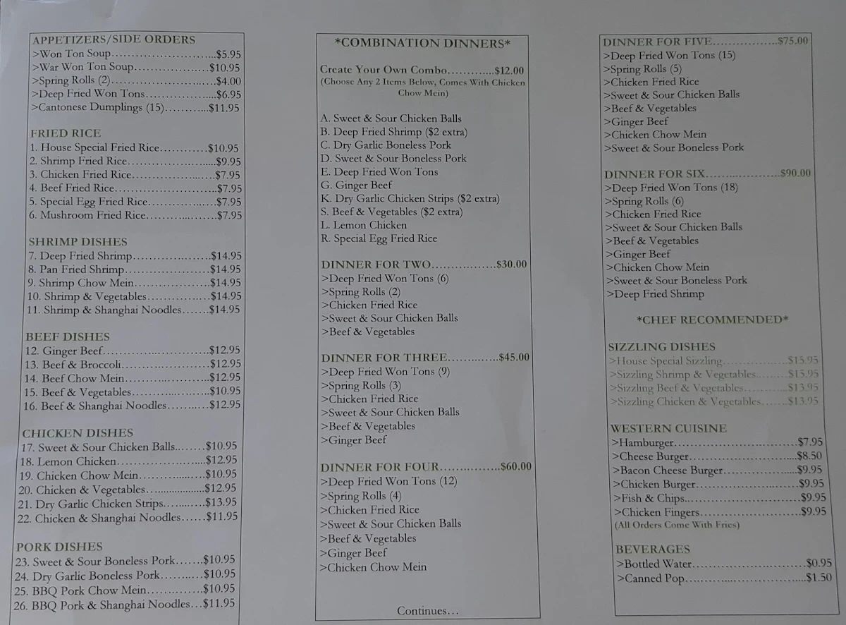 Menu, Golden Wings Restaurant