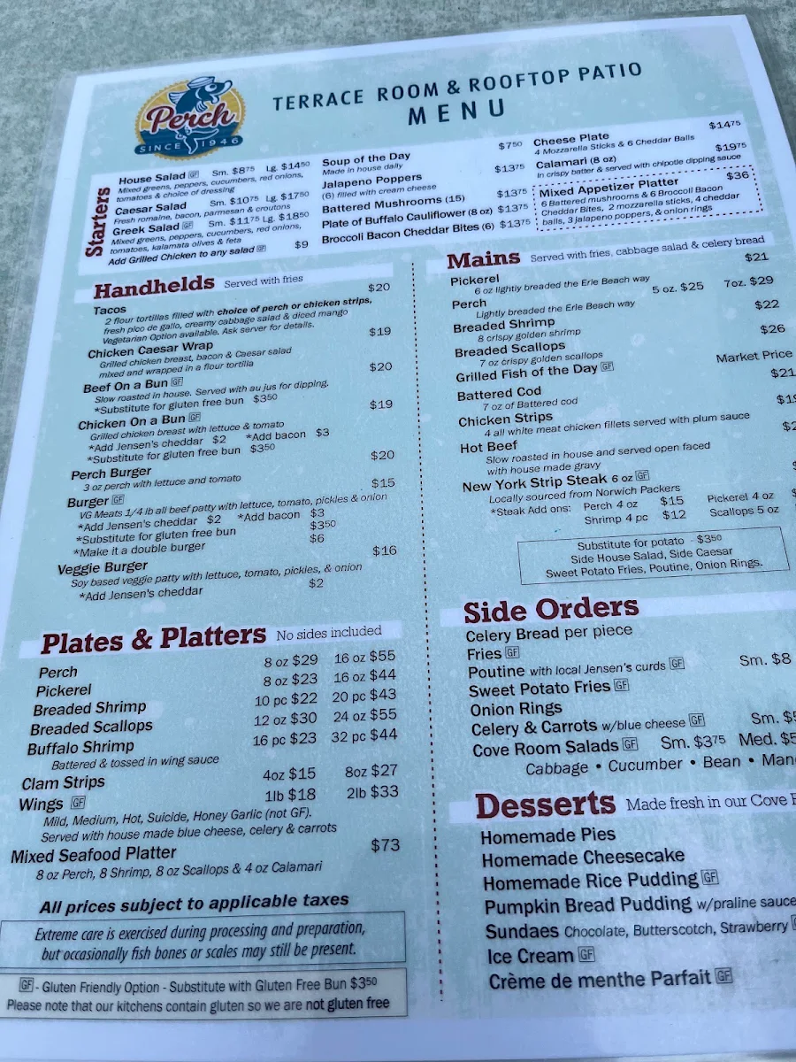 Menu, The Cove Room