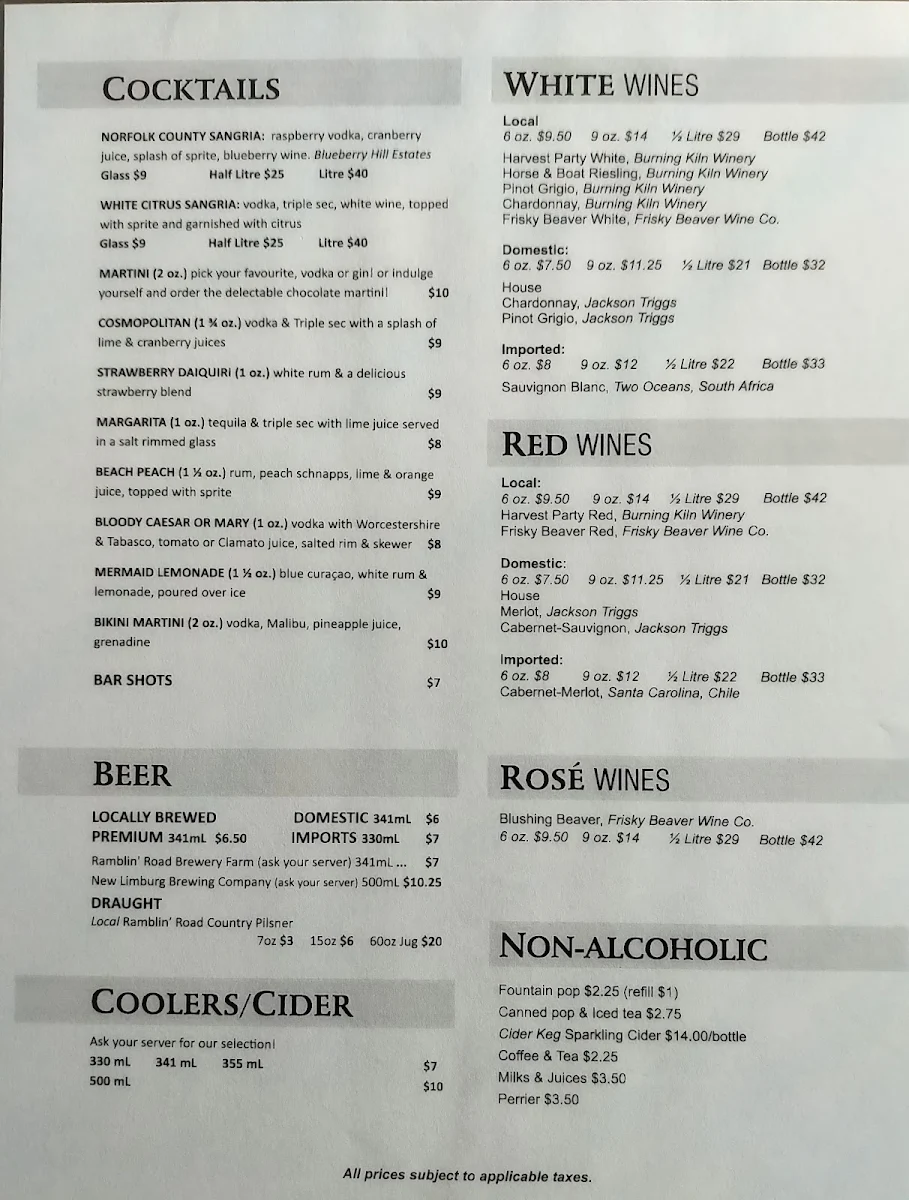 Menu, The Cove Room