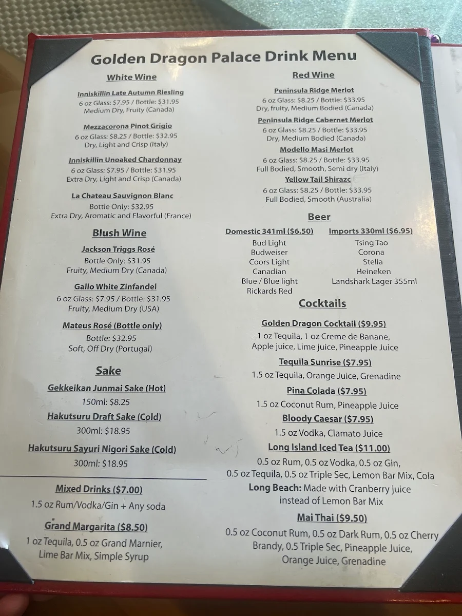 Menu, Golden Dragon Palace