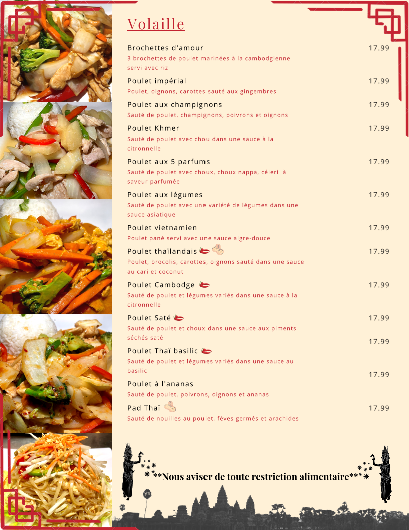Menu, Restaurant Le Soleil D'Asie