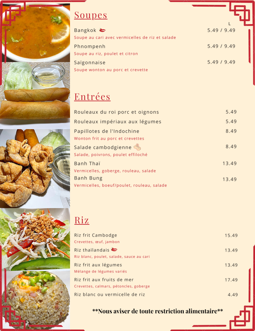Menu, Restaurant Le Soleil D'Asie