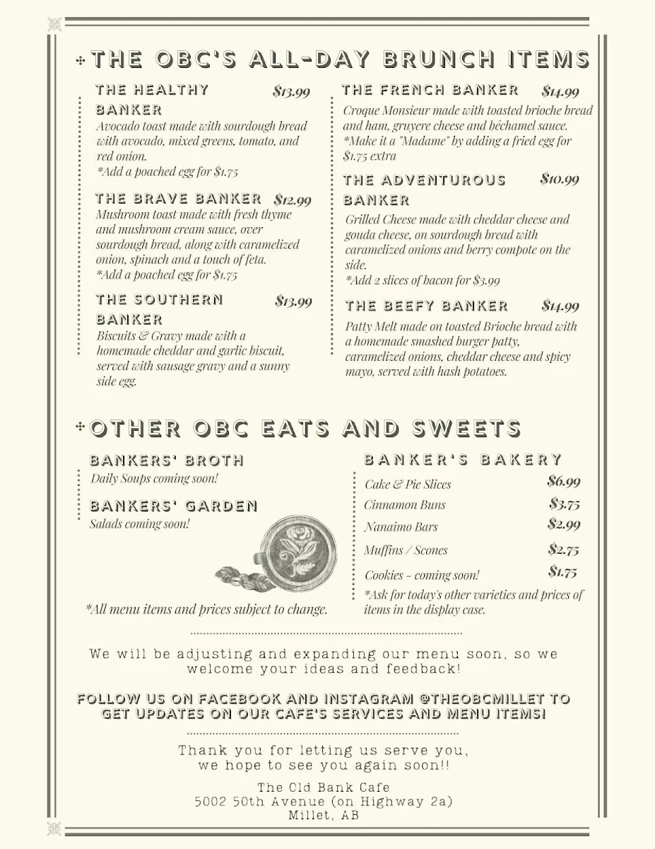 Menu, The Old Bank Cafe