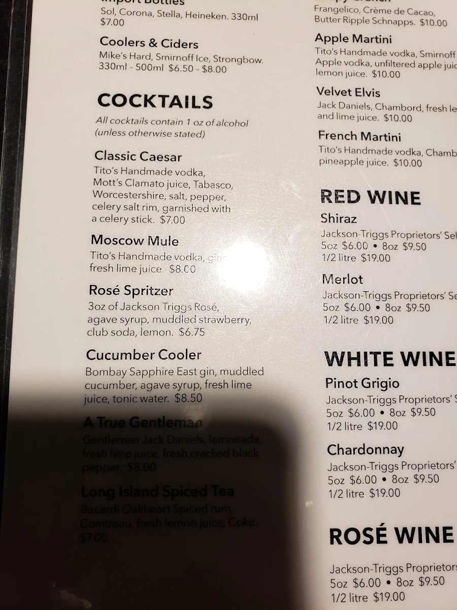 Menu, Bar One