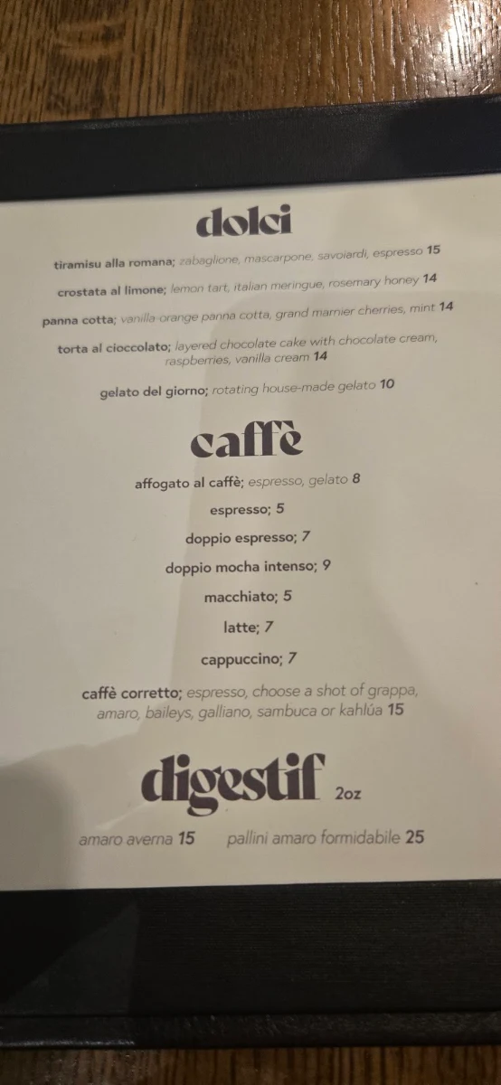 Menu, Vicinato Ristorante