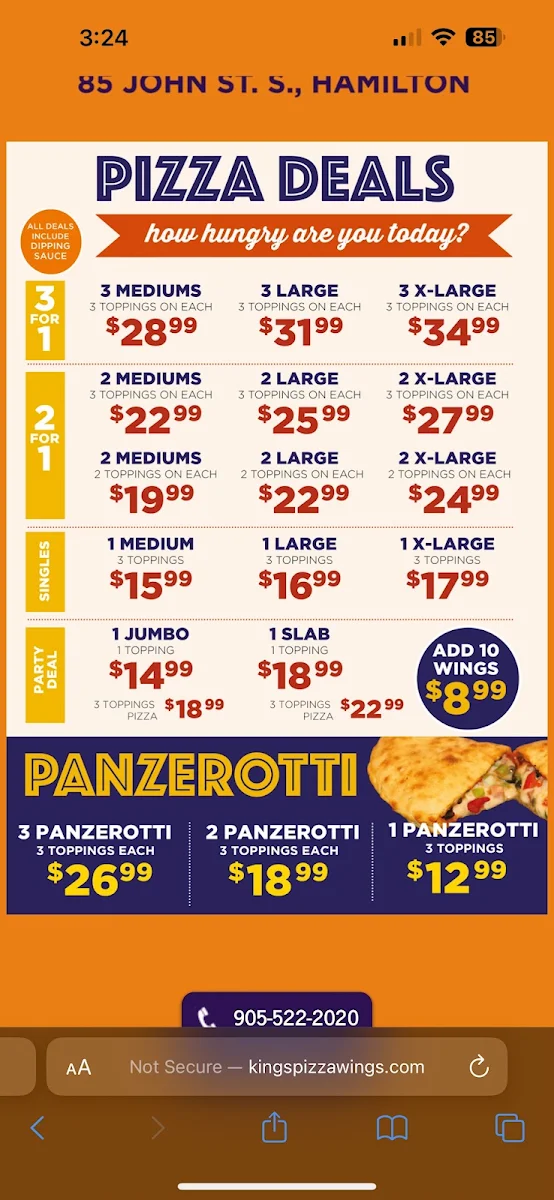 Menu, Kings Pizza and Wings