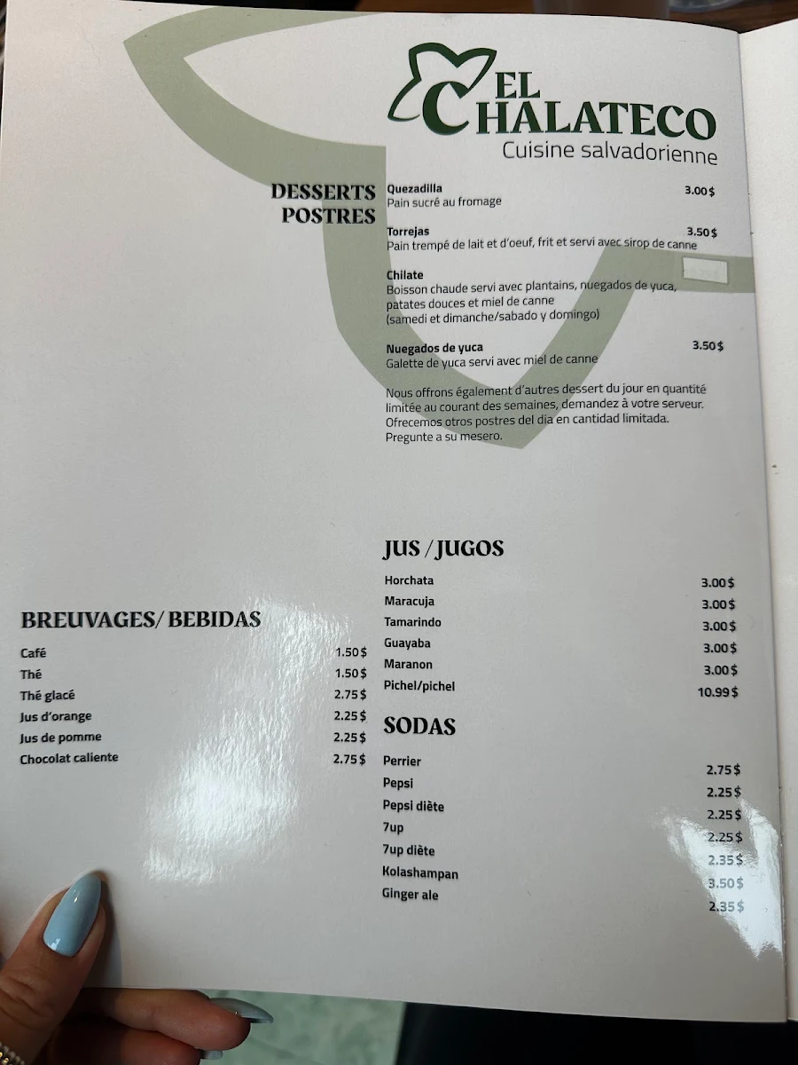Menu, Restaurant El Chalateco