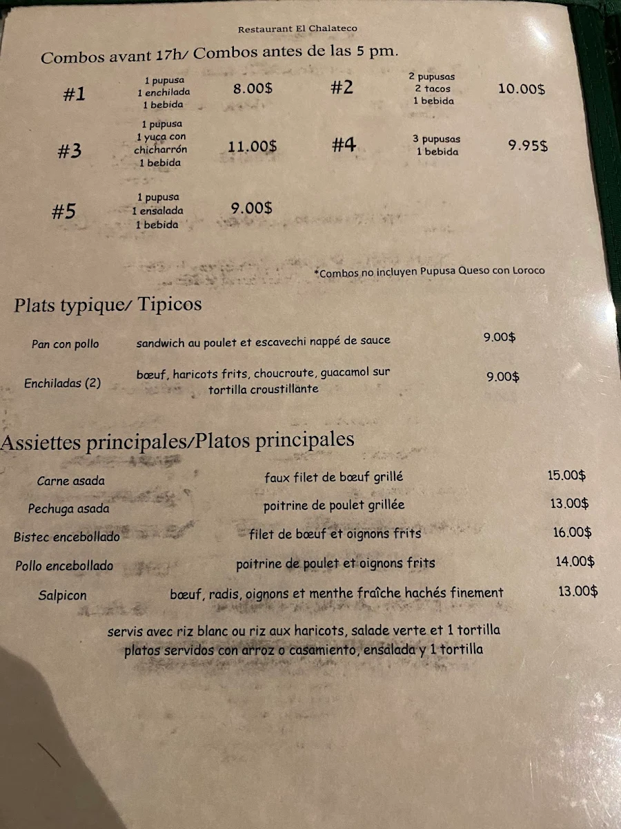 Menu, Restaurant El Chalateco