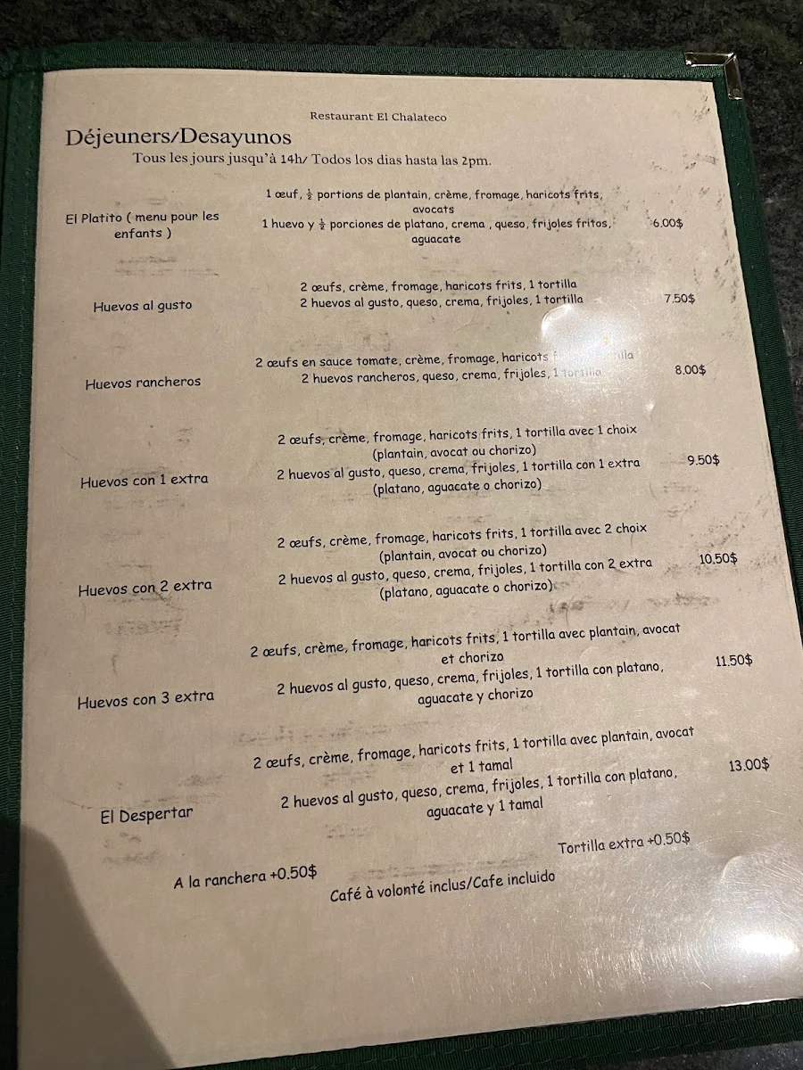 Menu, Restaurant El Chalateco