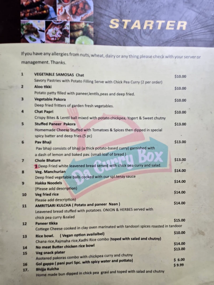Menu, Da Samosa N Curry (Curry box restaurant)