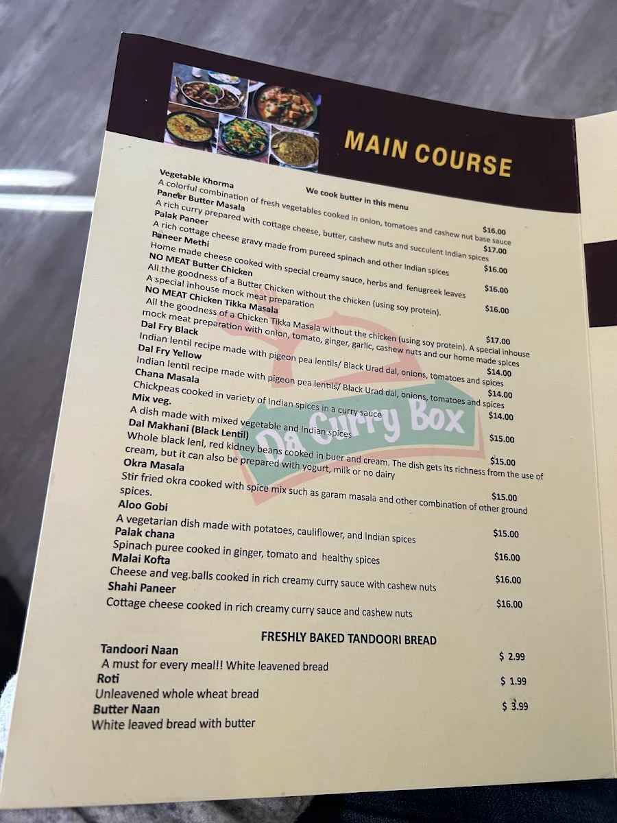 Menu, Da Samosa N Curry (Curry box restaurant)