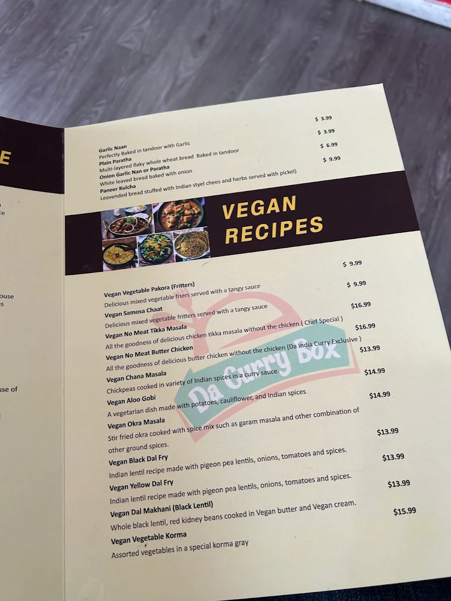 Menu, Da Samosa N Curry (Curry box restaurant)