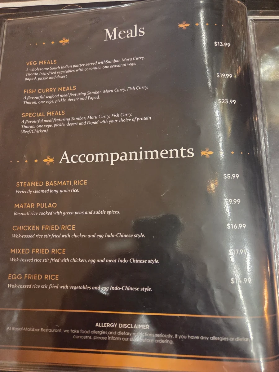 Menu, ROYAL MALABAR FINE DINE IN INDIAN CUISINE