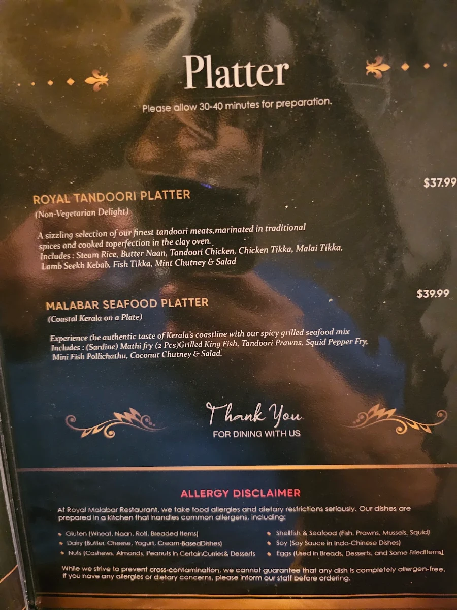 Menu, ROYAL MALABAR FINE DINE IN INDIAN CUISINE
