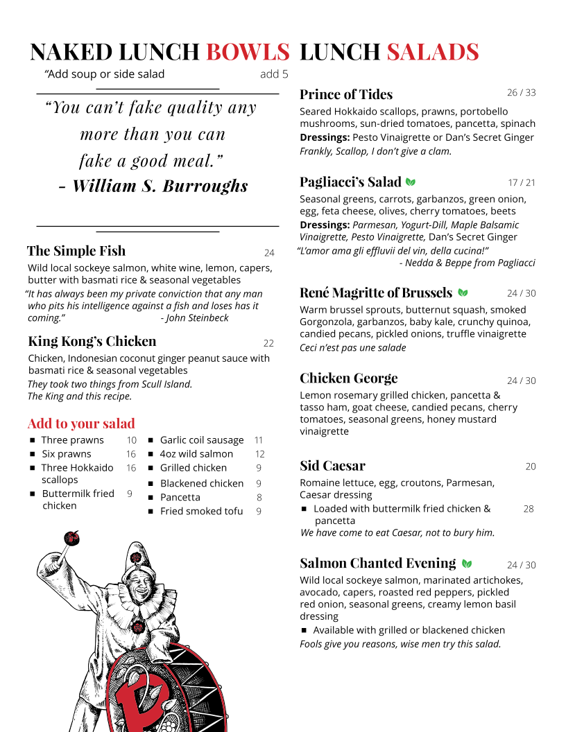 Menu, Pagliacci's