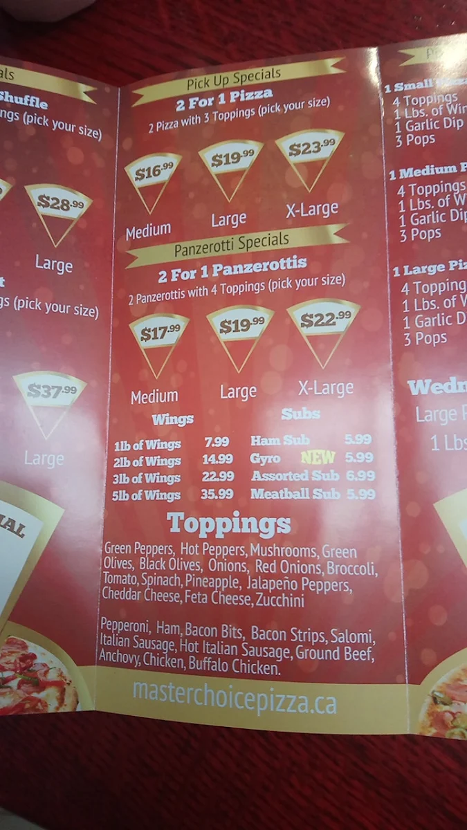 Menu, Master Choice 2 For 1 Pizza