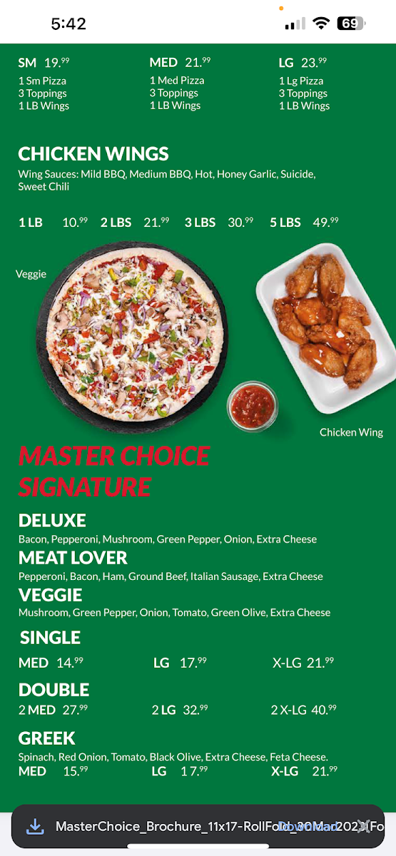 Menu, Master Choice 2 For 1 Pizza
