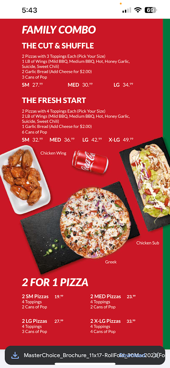 Menu, Master Choice 2 For 1 Pizza