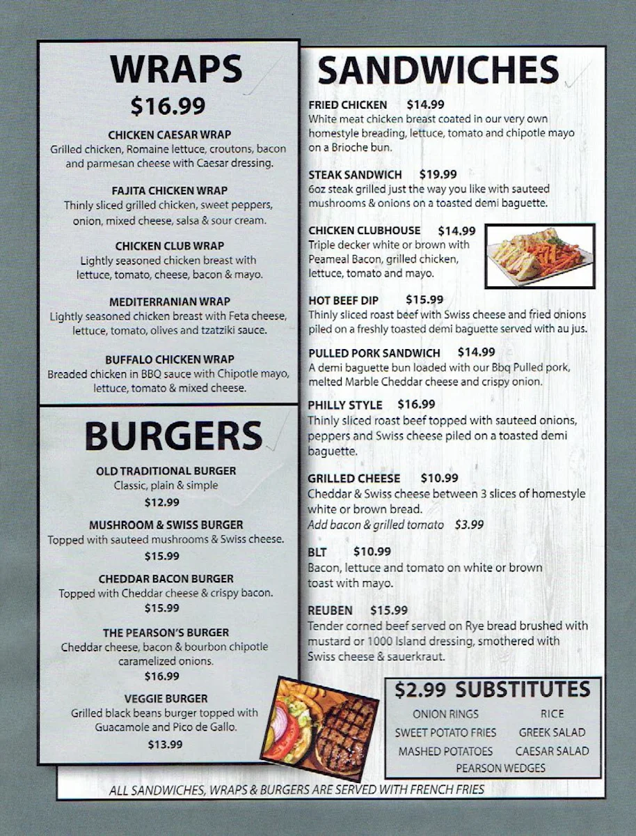 Menu, The Pearson Pub