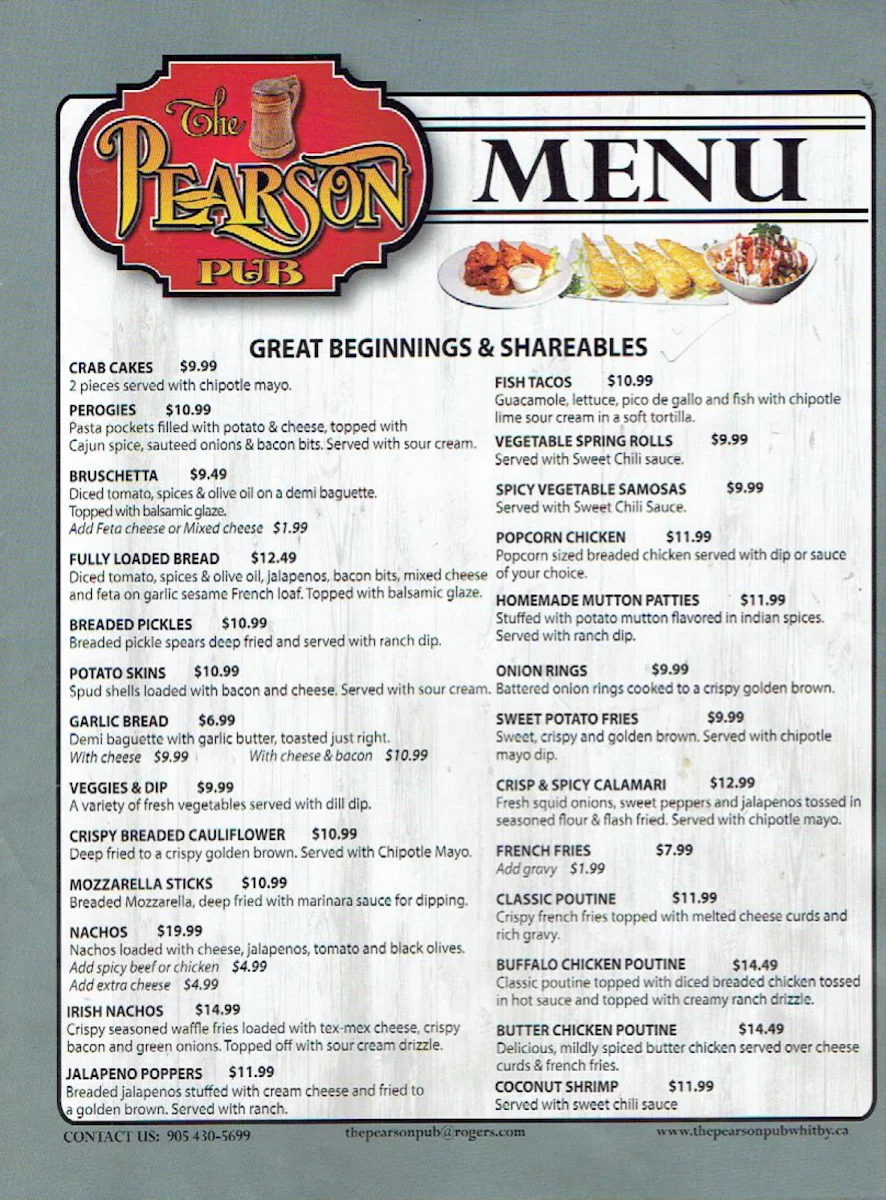 Menu, The Pearson Pub