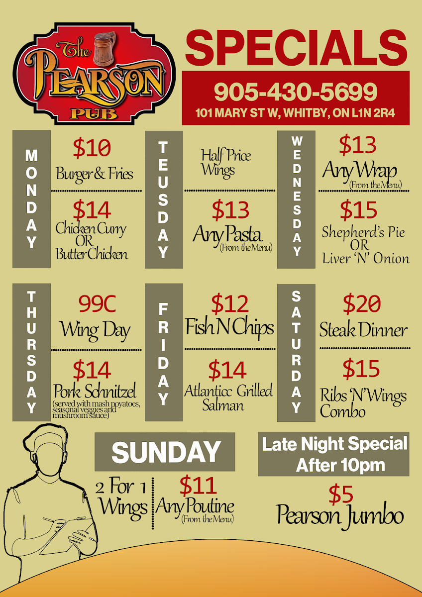Menu, The Pearson Pub