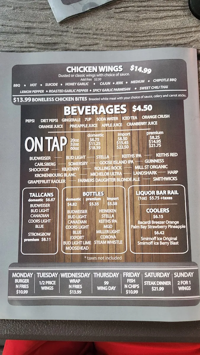 Menu, The Pearson Pub