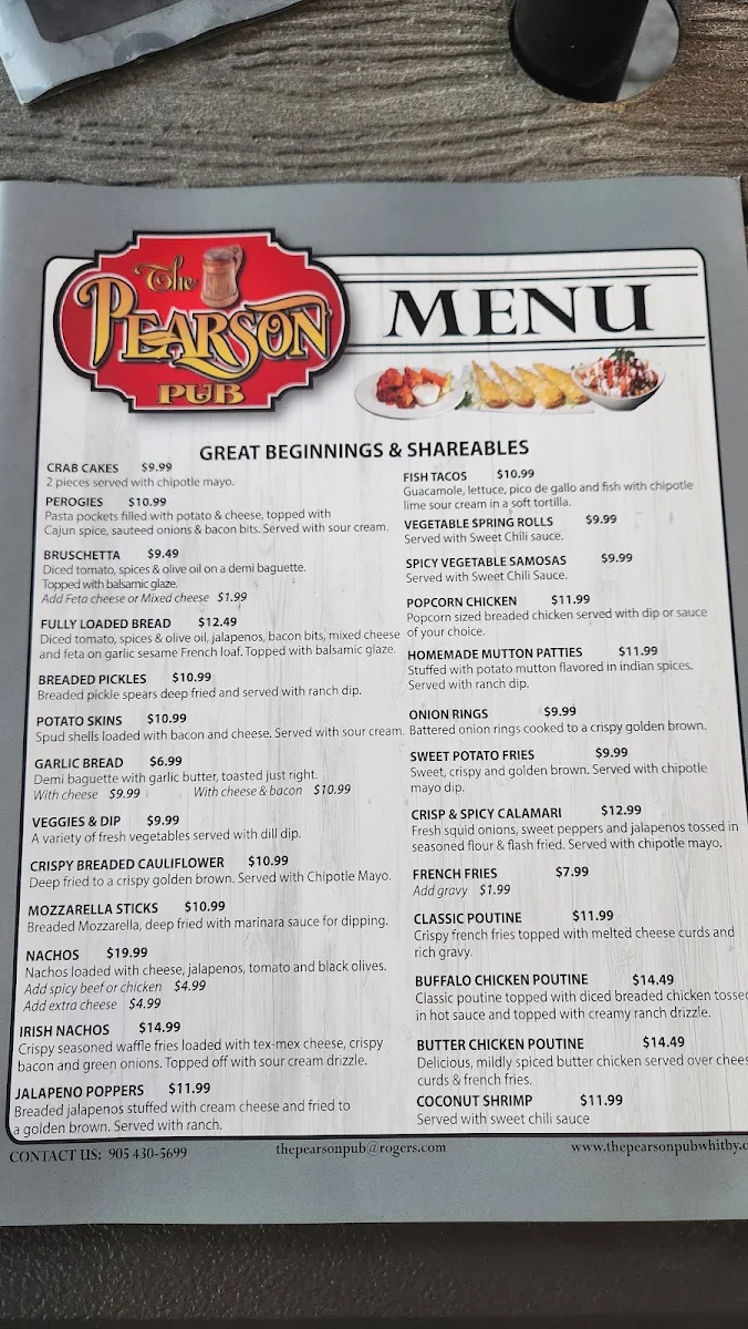 Menu, The Pearson Pub