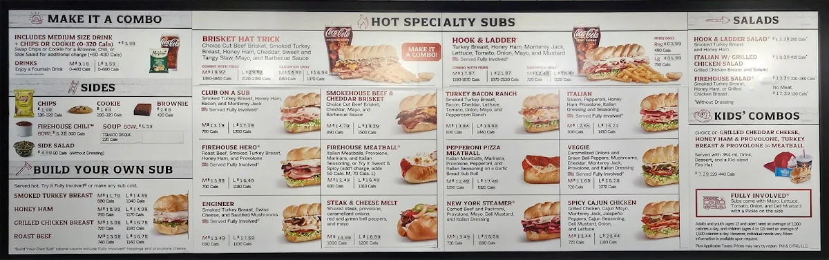 Menu, Firehouse Subs Mississauga Square One