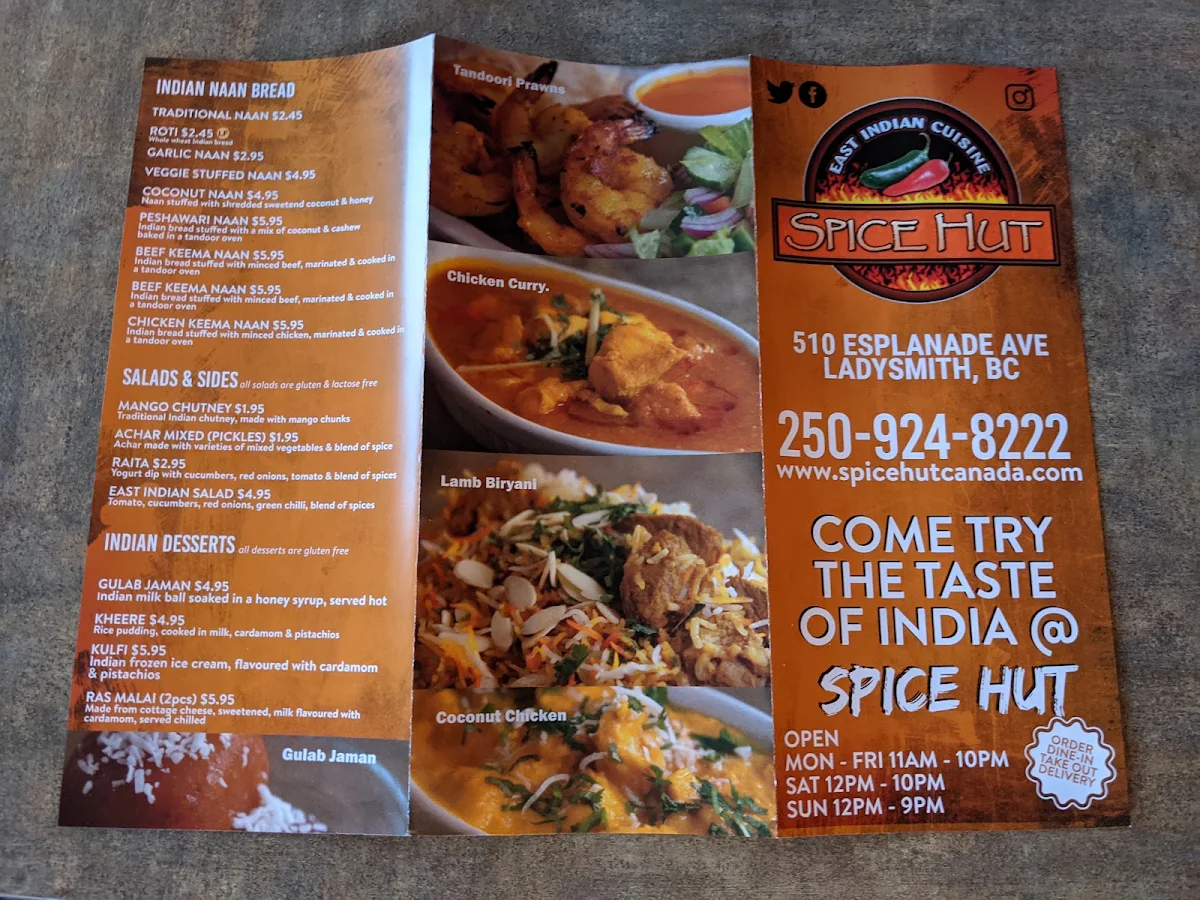 Menu, Spice Hut Indian Cuisine.