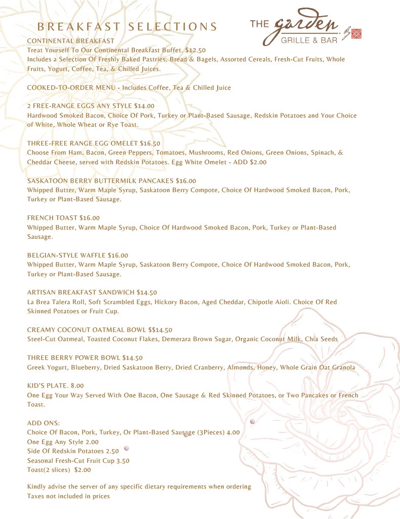 Menu, The Garden Grille