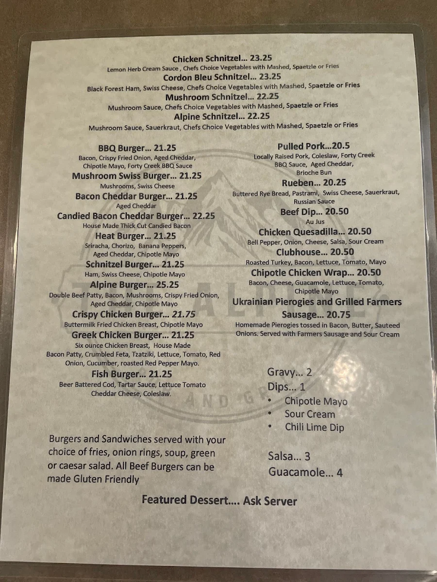 Menu, Alpine Pub & Grill