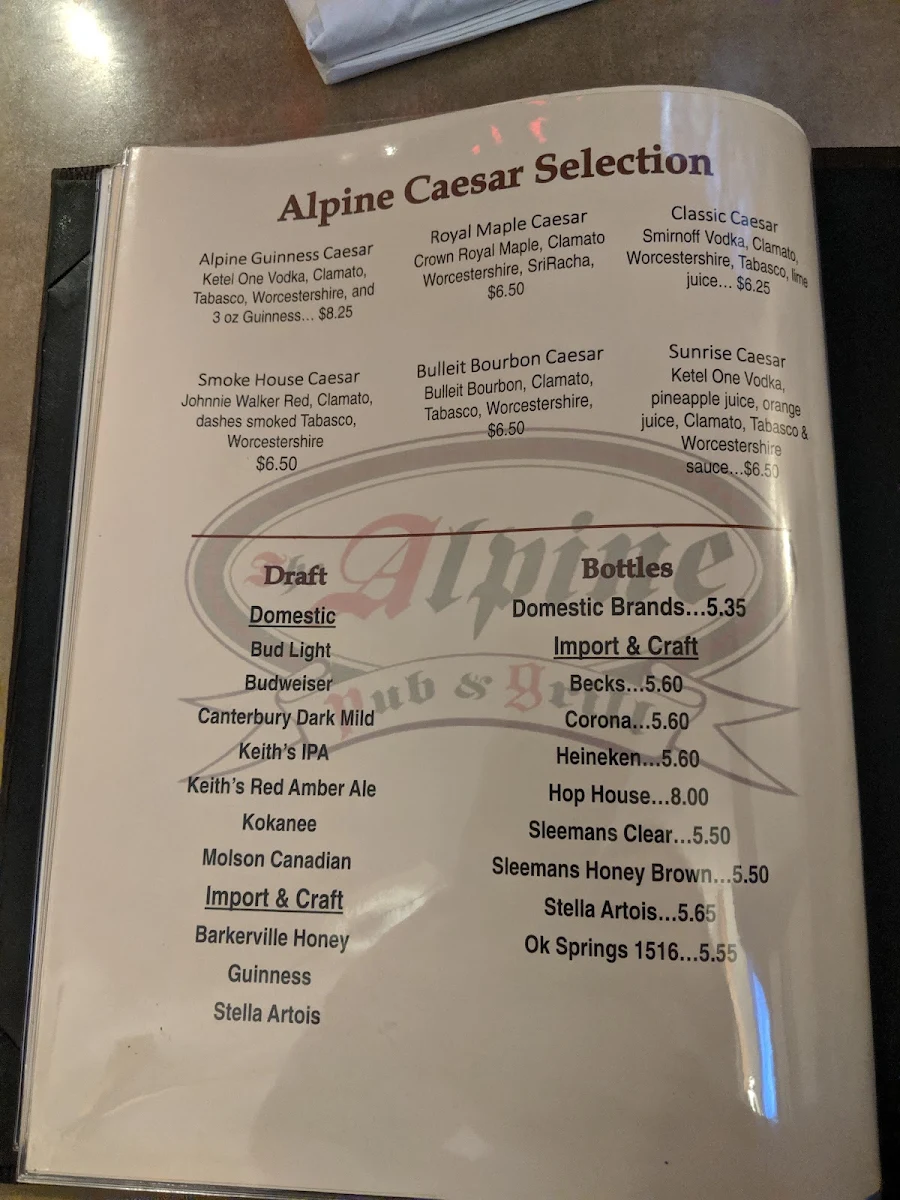Menu, Alpine Pub & Grill