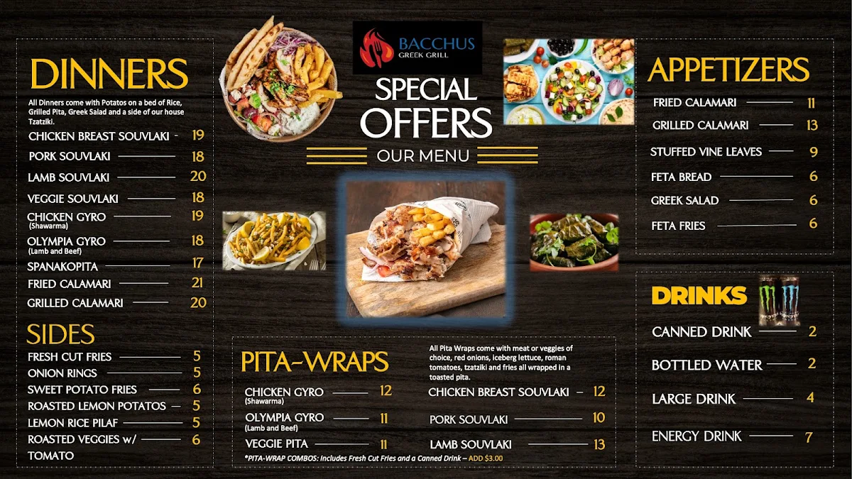 Menu, Bacchus Greek Grill